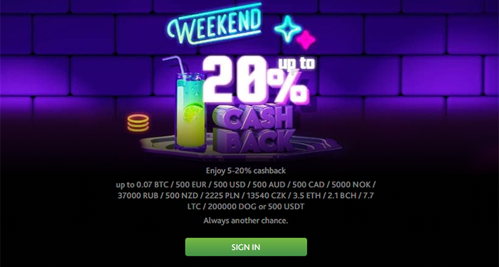 The weekend is here so you might as well play 7Bit Casino and claim up to 20% in cashback all weekend long.